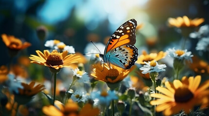 Obraz premium Beautiful butterfly among wild flowers, blurred background.