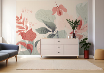 modern living room, plants pattern in danish pastel decor wallart style 
