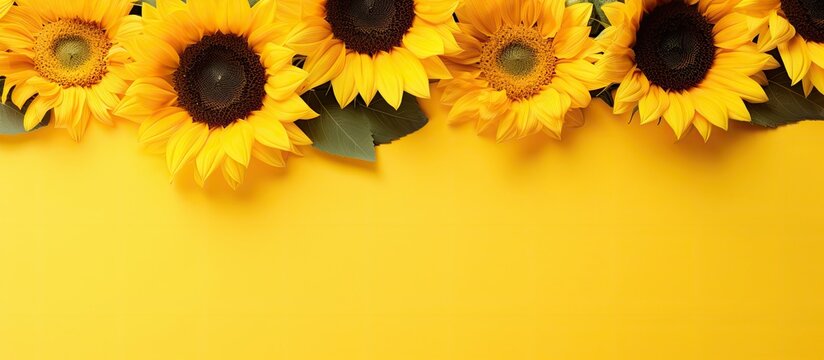 Sunflowers with a yellow color are pictured against a background suitable for adding text. showcases the beauty of fresh sunflowers, and provides a flat lay perspective from the top. autumn or summer