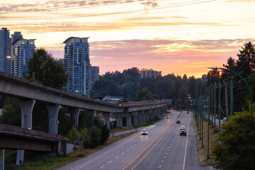 Lougheed Highway during Golden Sunset. Burnaby, Vancouver, BC, Canada