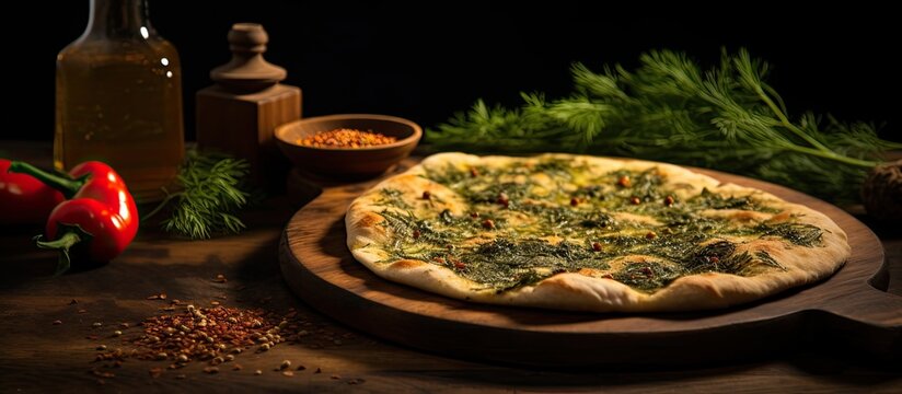 Close-up of a Zaatar Manakeesh on a wooden board, with copy space.