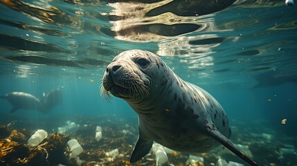 Sea ​​seal swims with a pile of plastic debris.  ecological catastrophy