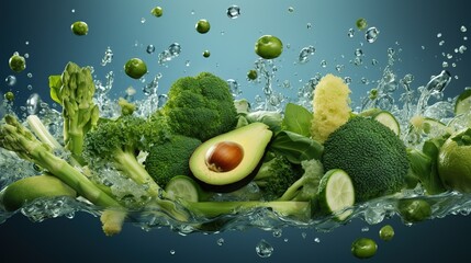 Green Broccoli, cucumber and avocado. Healthy vitamin fresh green vegetables - obrazy, fototapety, plakaty