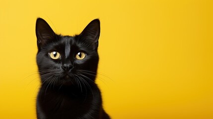 Obraz premium Black cat looks up on a yellow background. Generative AI
