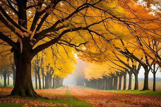 a gently sloping apple orchard blanketed in a mosaic of vibrant foliage - AI Generative