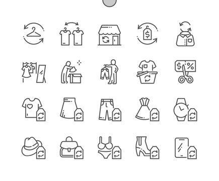 Second hand clothes store. Reusable thrifting wear. Skirt, pants, dress, watch, hat, bag, underwear, shoes. Pixel Perfect Vector Thin Line Icons. Simple Minimal Pictogram