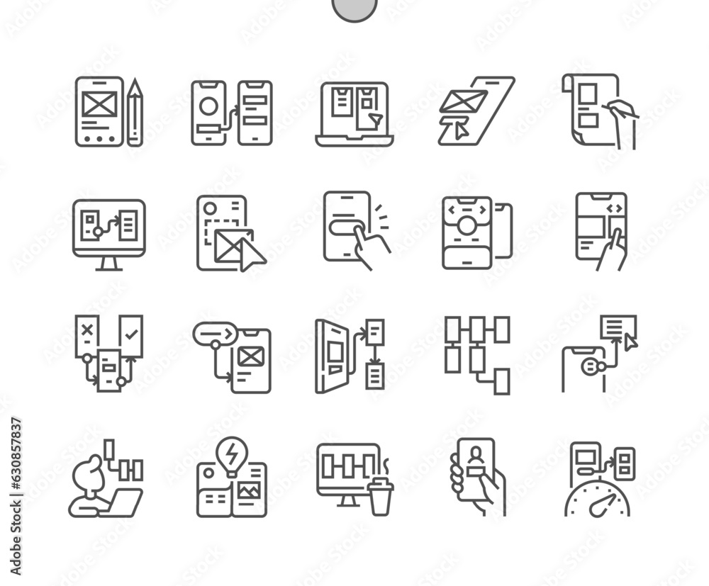 Poster mobile app prototyping. menu bar, create warframe, user flow. ux designer. pixel perfect vector thin