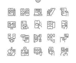 Mobile app prototyping. Menu bar, create warframe, user flow. Ux designer. Pixel Perfect Vector Thin Line Icons. Simple Minimal Pictogram