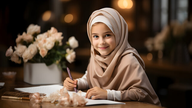 muslim girl education and school concept little student girl studying at school Generative AI