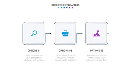 Timeline infographic with infochart. Modern presentation template with 3 spets for business process. Website template on white background for concept modern design. Horizontal layout.