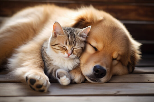 Cute dog and cat sleeping together in a bed