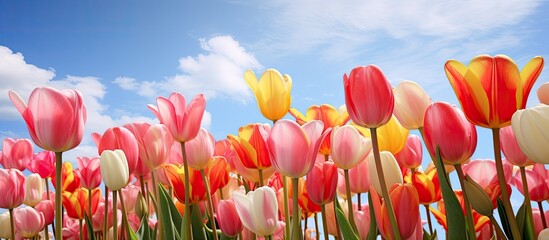 Colorful tulips set against a blue sky with white clouds.