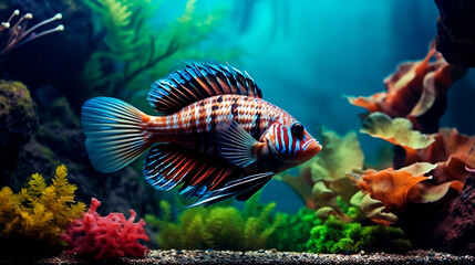 Tropical sea underwater fishes on coral reef. Aquarium oceanarium wildlife colorful marine panorama landscape nature snorkeling diving