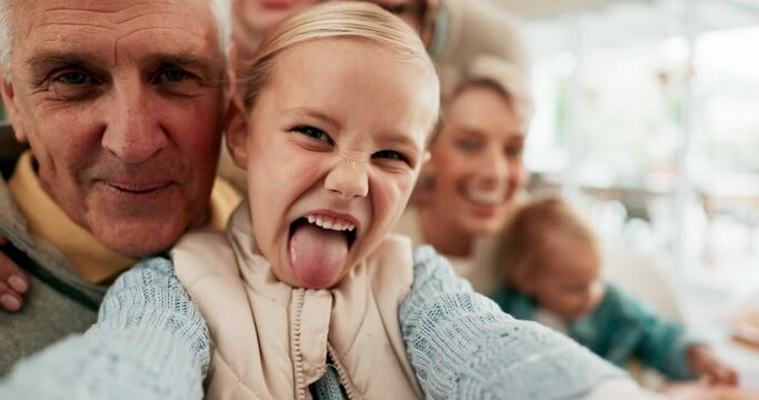 Grandfather, girl child and face in selfie at family home, funny smile or kiss for love, care or bonding. Senior man, women and young kids with memory, photography and profile picture on social media