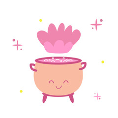 Happy Halloween. Vector illustration of cute pink witch pot in trendy colors for postcard, flyer, banner