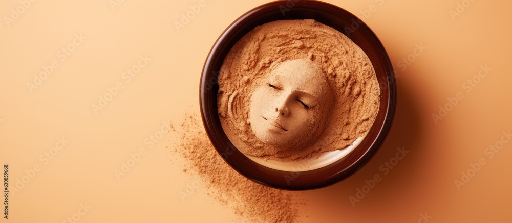 Poster Clay mask in a bowl for facial spa is placed on a beige background with a top view and copy space.