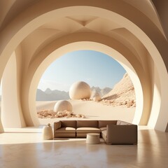 Fototapeta na wymiar Beige arch with sofa and minimalist interior. Advertising banner for furniture. Generative AI