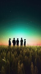 silhouette of people on field, Smart Farming Pioneers: A Visionary Gathering of Agricultural Innovators Embracing Nocturnal Insights in the Digital Field