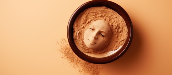 Clay mask in a bowl for facial spa is placed on a beige background with a top view and copy space.