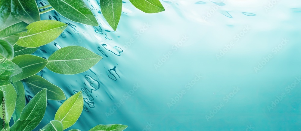 Poster a close-up view of green leaves on a blue water background with a flat lay. the white texture surfac