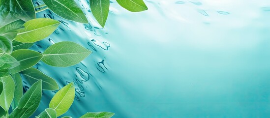 A close-up view of green leaves on a blue water background with a flat lay. The white texture...