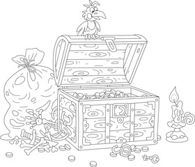 Funny raven perched on an old wooden chest with priceless treasures and golden coins, a dusty bag and a burning candle among bones, black and white vector cartoon illustration for a coloring book
