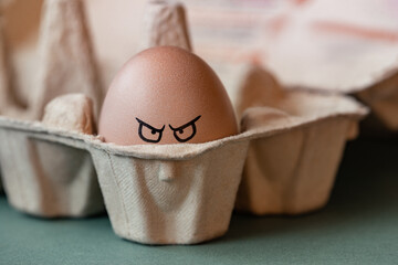 Egg with a face in a cardboard box. Funny brown egg with an upset face in a cardboard tray...