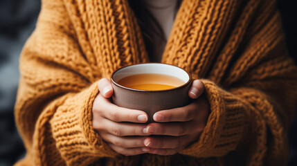 A dreamy image of someone's hands wrapped around a warm coffee cup, conveying comfort and delight 