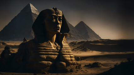 Great sphinx near the pyramids in the sandy desert - obrazy, fototapety, plakaty