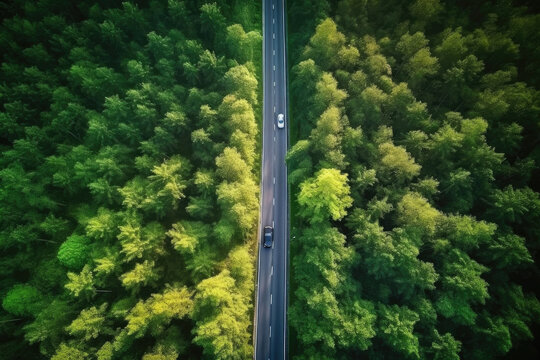 Arial view of a street leading through a green forest.