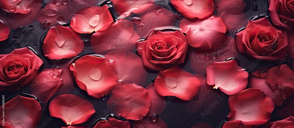 Poster a close-up image of beautiful rose petals with a drop floating on the surface of the water. suitable