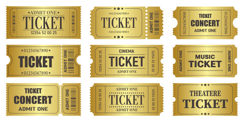 Vector set of admit one tickets template. Golden ticket for cinema,movie,circus,theatere,film,festival,casino,club,music etc. Event admission, entrance pass set .Vector illustration - obrazy, fototapety, plakaty