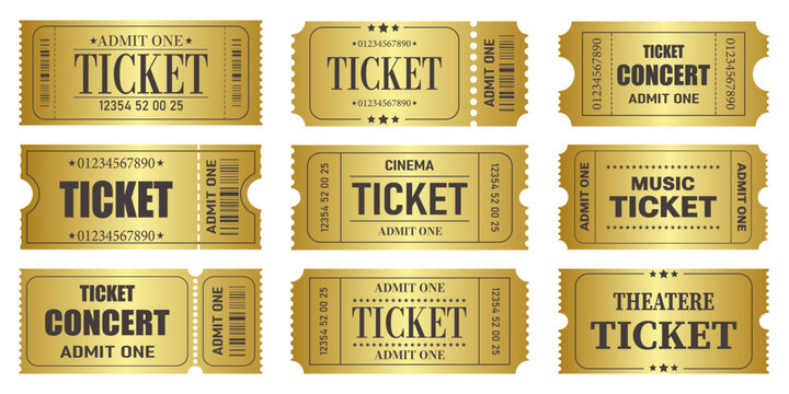 Vector set of admit one tickets template. Golden ticket for cinema,movie,circus,theatere,film,festival,casino,club,music etc. Event admission, entrance pass set .Vector illustration