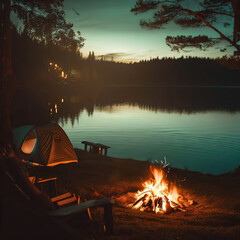 Bonefire camping in forest at night, hiking night bone fire on holiday winters