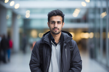 Fototapeta premium Innovation at Work: High-Resolution Portrait of a Young Software Engineer in a Buzzing Tech Hub
