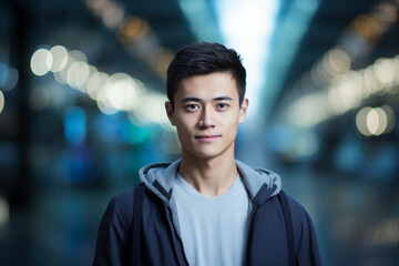 Fototapeta premium Innovation at Work: High-Resolution Portrait of a Young Software Engineer in a Buzzing Tech Hub