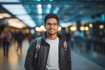 Fototapeta premium Innovation at Work: High-Resolution Portrait of a Young Software Engineer in a Buzzing Tech Hub