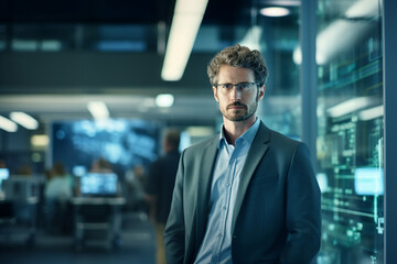 Obraz premium Innovation at Work: High-Resolution Portrait of a Young Software Engineer in a Buzzing Tech Hub