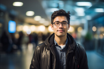 Obraz premium Innovation at Work: High-Resolution Portrait of a Young Software Engineer in a Buzzing Tech Hub