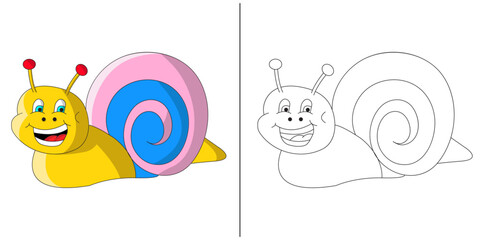 Funny and cute cartoon style coloring page of a Snail.  Hours of fun for a toddler or little kids.  Easy to color.  Coloring page for kids.  Simple coloring page
