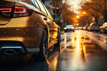 Dynamic shot of a car maneuvering in autumn city traffic after rain by Generative AI - obrazy, fototapety, plakaty