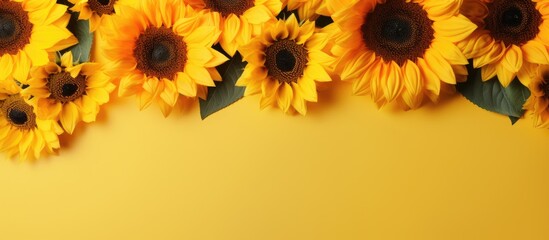 Background with a copy space featuring yellow sunflowers. The sunflowers are fresh and beautiful, arranged in a flat lay style with a top view. Perfect for an autumn or summer concept, it provides