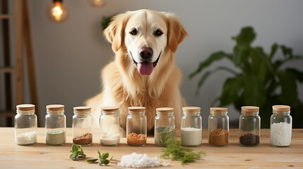 A Golden Retriever is sitting in front of many jars of probiotic supplement.
