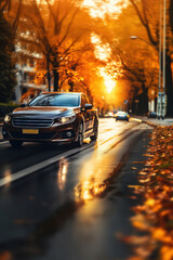Dynamic shot of a car maneuvering in autumn city traffic after rain by Generative AI