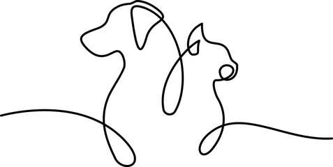 Pet symbol with cat and dog profiles. Continouos one line drawing. - 630862435