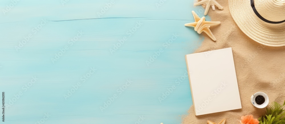 Poster flat lay image with a blank writing book and various summer beach accessories in the background. has