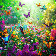 Fototapeta na wymiar Flower garden with butterflies, flowers blooming in park, colourful, fragrant flowers