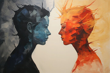 Illustration of person with mental problems. Silhouettes of two strange people look at each other. Bipolar disorder and depression