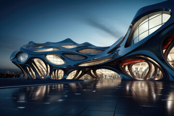 Fototapeta na wymiar Futuristic building exterior with illumination. Modern architecture with geometrical shapes