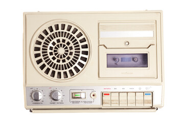 Retro portable stereo cassette tape recorder from 80s. English translation: volume, timbre...